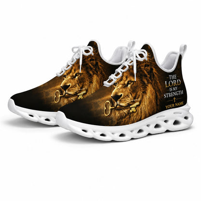 Studio 3/4 angle of Jesus Christ Lion of Judah holy key sports sneakers with flexible white soles