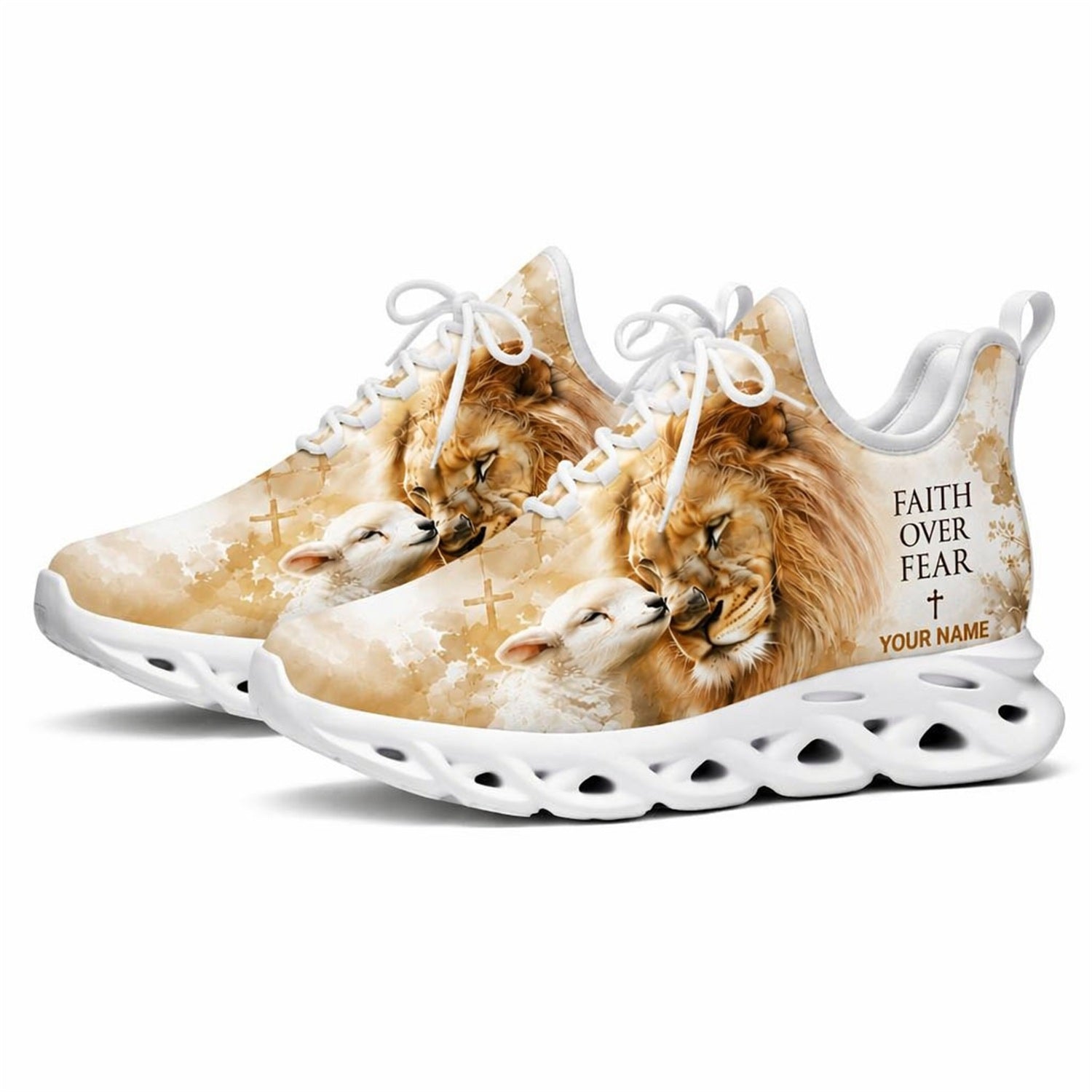Studio 3/4 angle of Jesus Christ Lion and Lamb sports sneakers with flexible white running soles