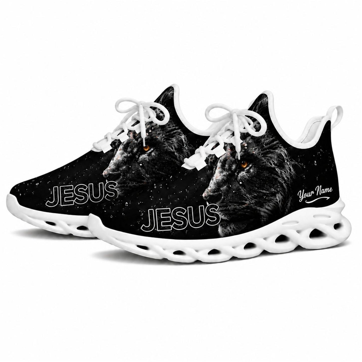 Studio 3/4 angle of Jesus Christ sports sneakers featuring powerful black lion graphics on white outsoles