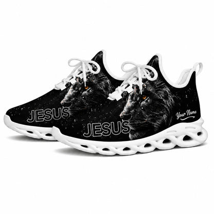 Studio 3/4 angle of Jesus Christ sports sneakers featuring powerful black lion graphics on white outsoles