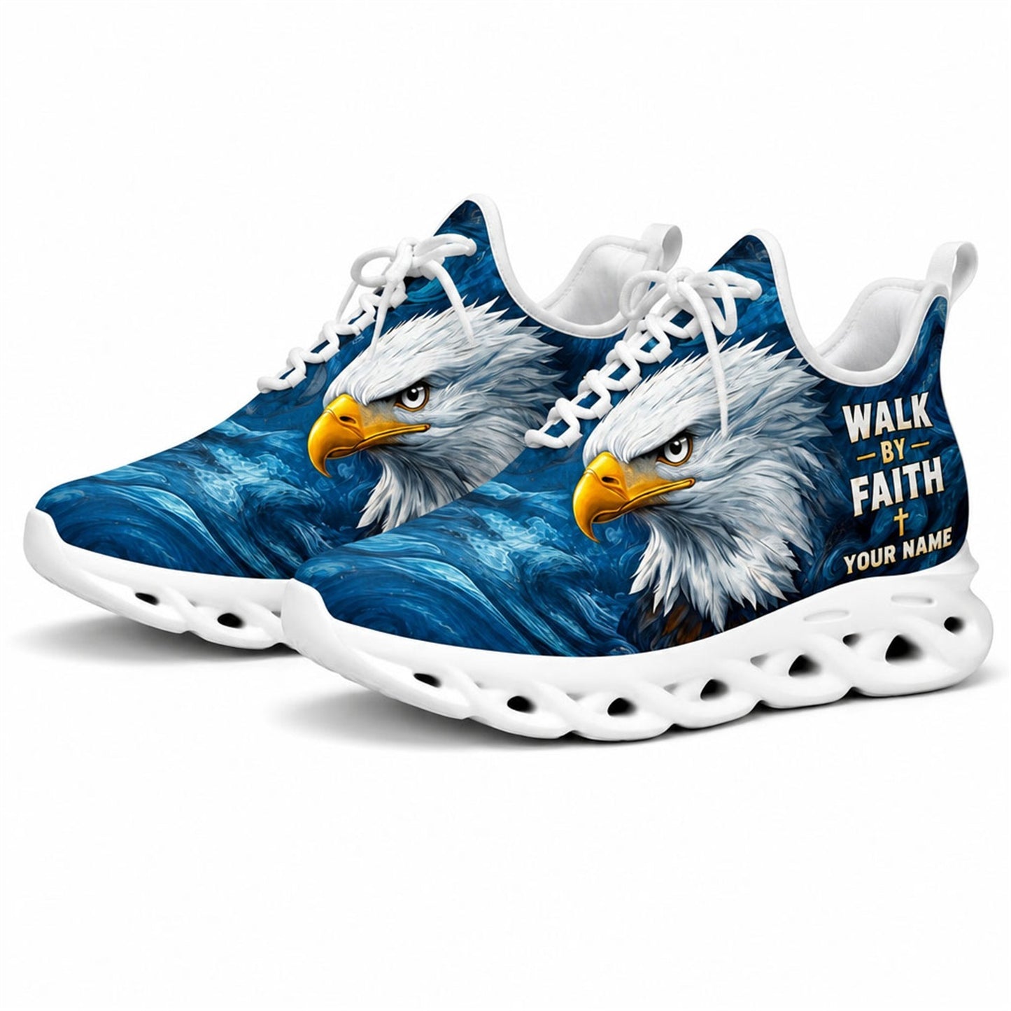 Studio 3/4 angle of Jesus Christ patriotic eagle eye sports sneakers with flexible white running soles