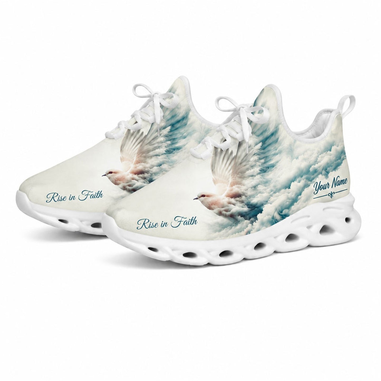 Studio 3/4 angle of Jesus Christ gym sneakers featuring a dove flying through soft clouds on white soles
