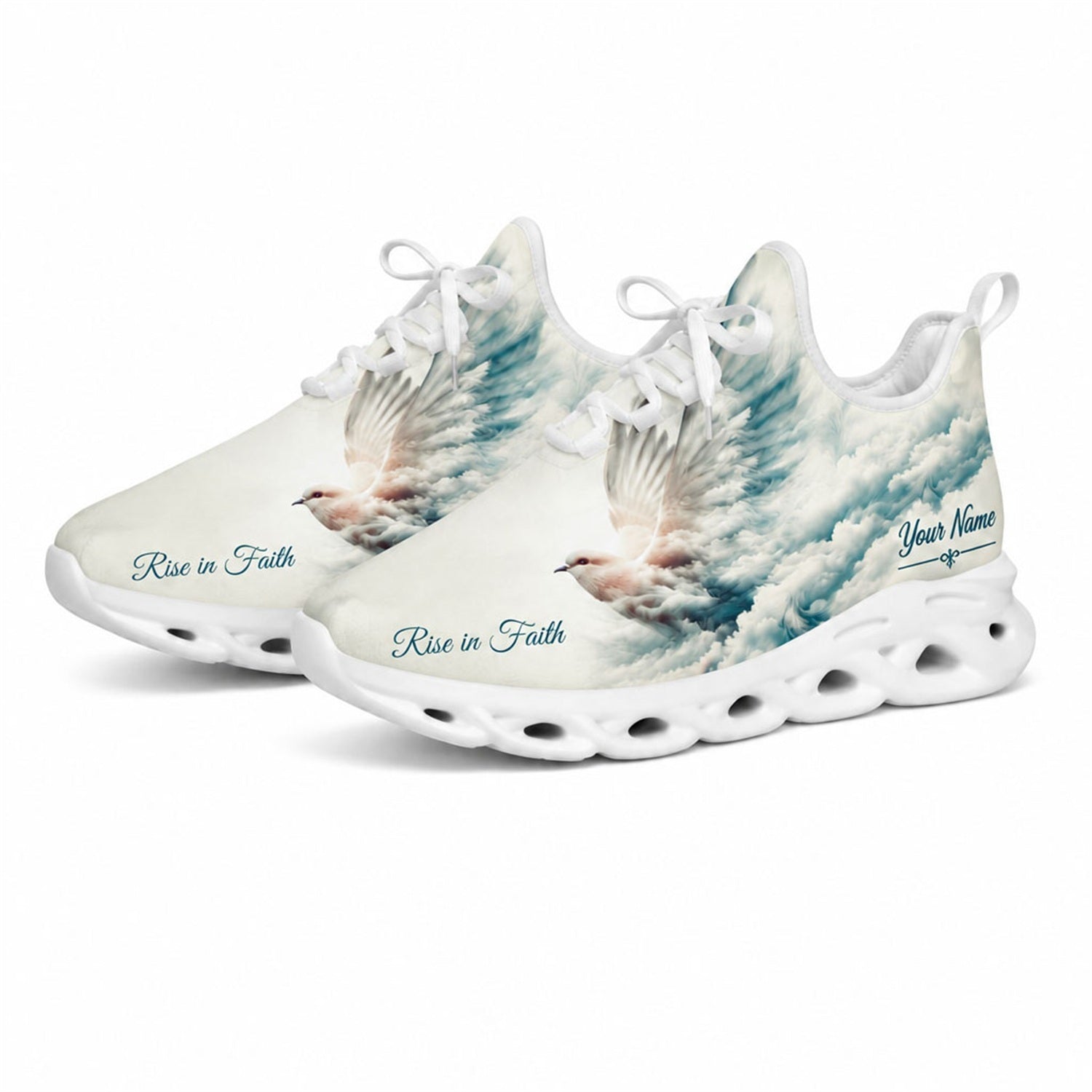 Studio 3/4 angle of Jesus Christ gym sneakers featuring a dove flying through soft clouds on white soles