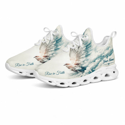 Studio 3/4 angle of Jesus Christ gym sneakers featuring a dove flying through soft clouds on white soles
