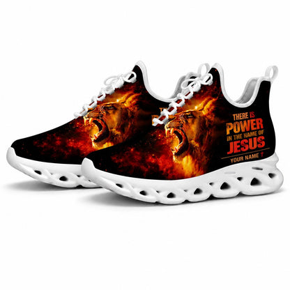 Studio 3/4 angle of Jesus Christ power in the name of Jesus sports sneakers with flexible white running soles