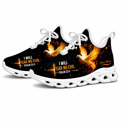 Studio 3/4 angle of Jesus Christ sports shoes with majestic bokeh light rays and flying dove on white soles