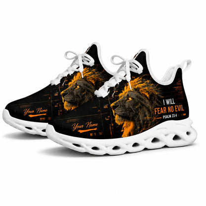Studio 3/4 angle of Jesus Christ active footwear with intense orange glowing lion graphics on white soles