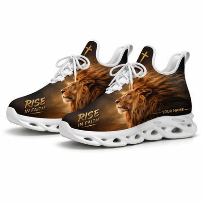 Studio 3/4 angle of the Jesus Christ Rise In Faith sports sneakers with white soles, showing off the breathable fly-knit mesh fabric structure
