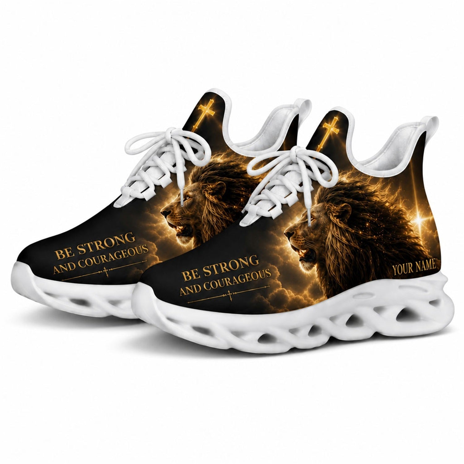 Studio 3/4 angle of the Jesus Christ roaring lion sports sneakers with white soles, displaying the premium fly-knit upper design