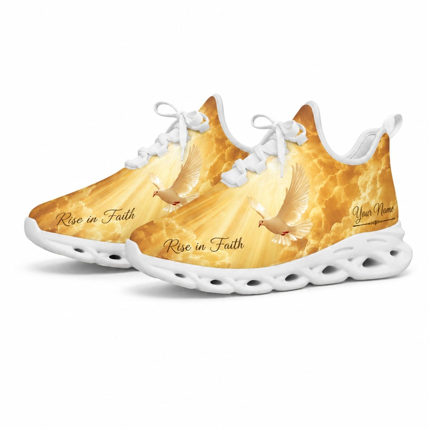 Studio 3/4 angle of Jesus Christ gym sneakers featuring a holy dove in golden sunbeams on white soles