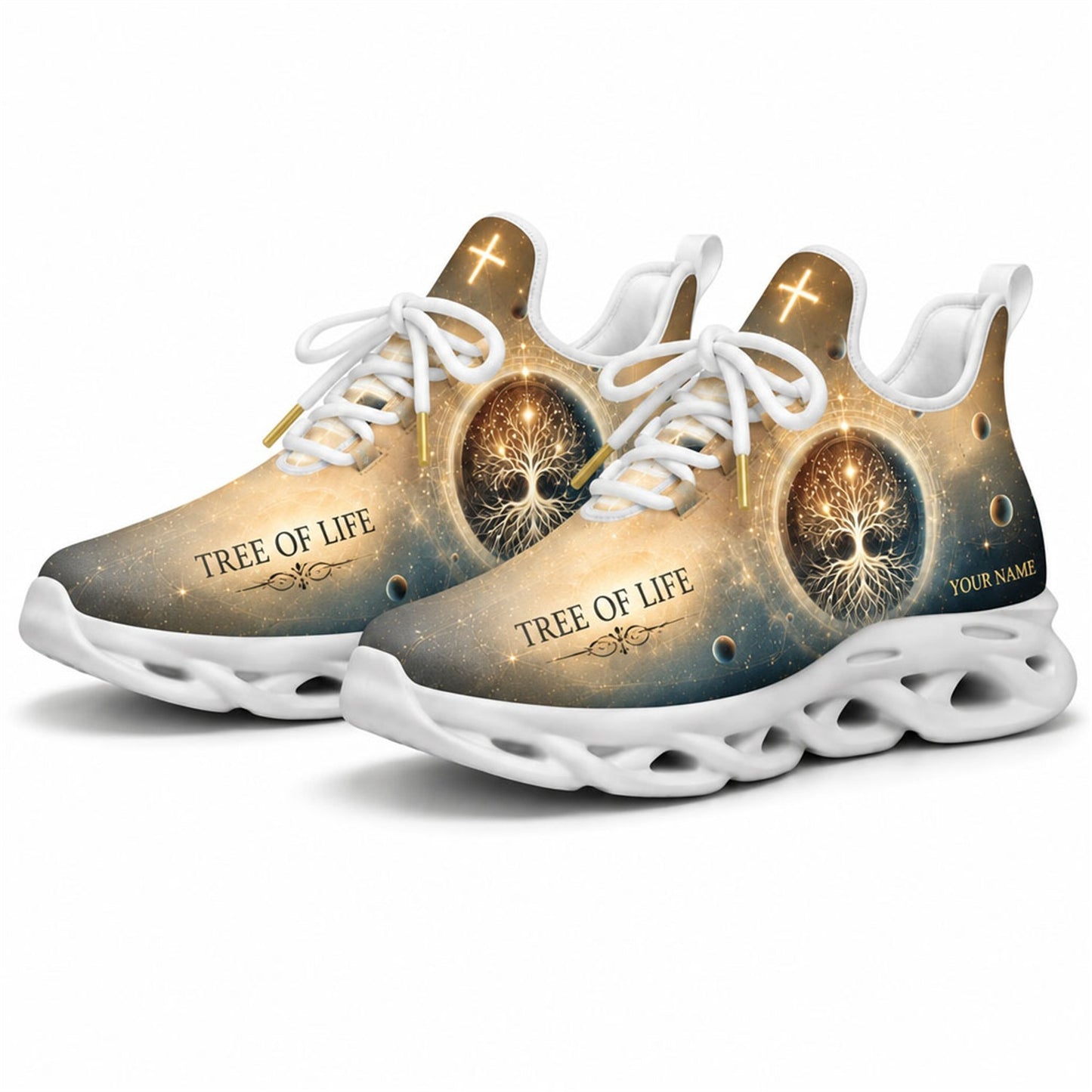 Christian sneakers featuring Yeshua typography, golden holy keys, and black traction soles