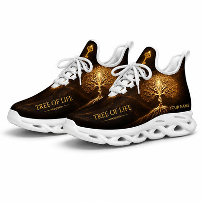 Studio 3/4 angle of the mystic Tree of Life sports sneakers with white soles, displaying the premium high-definition printed upper mesh