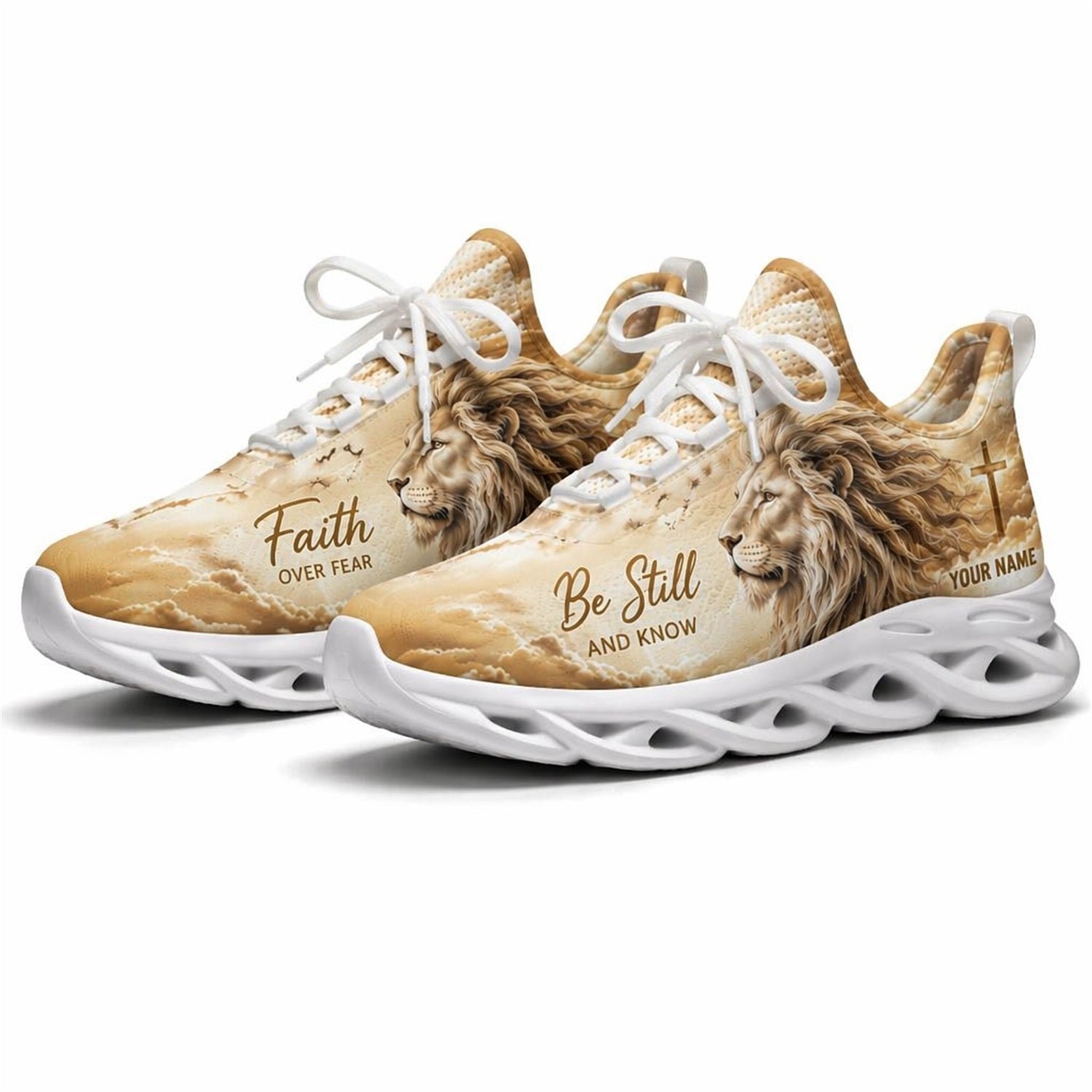 Studio 3/4 angle of Jesus Christ vintage lion sports sneakers with flexible white running soles