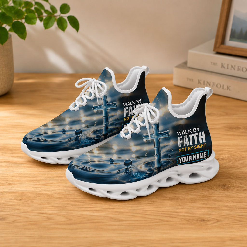 Studio 3/4 angle of the Jesus Christ Walk By Faith sports sneakers with white soles, showing off the breathable fly-knit mesh fabric structure