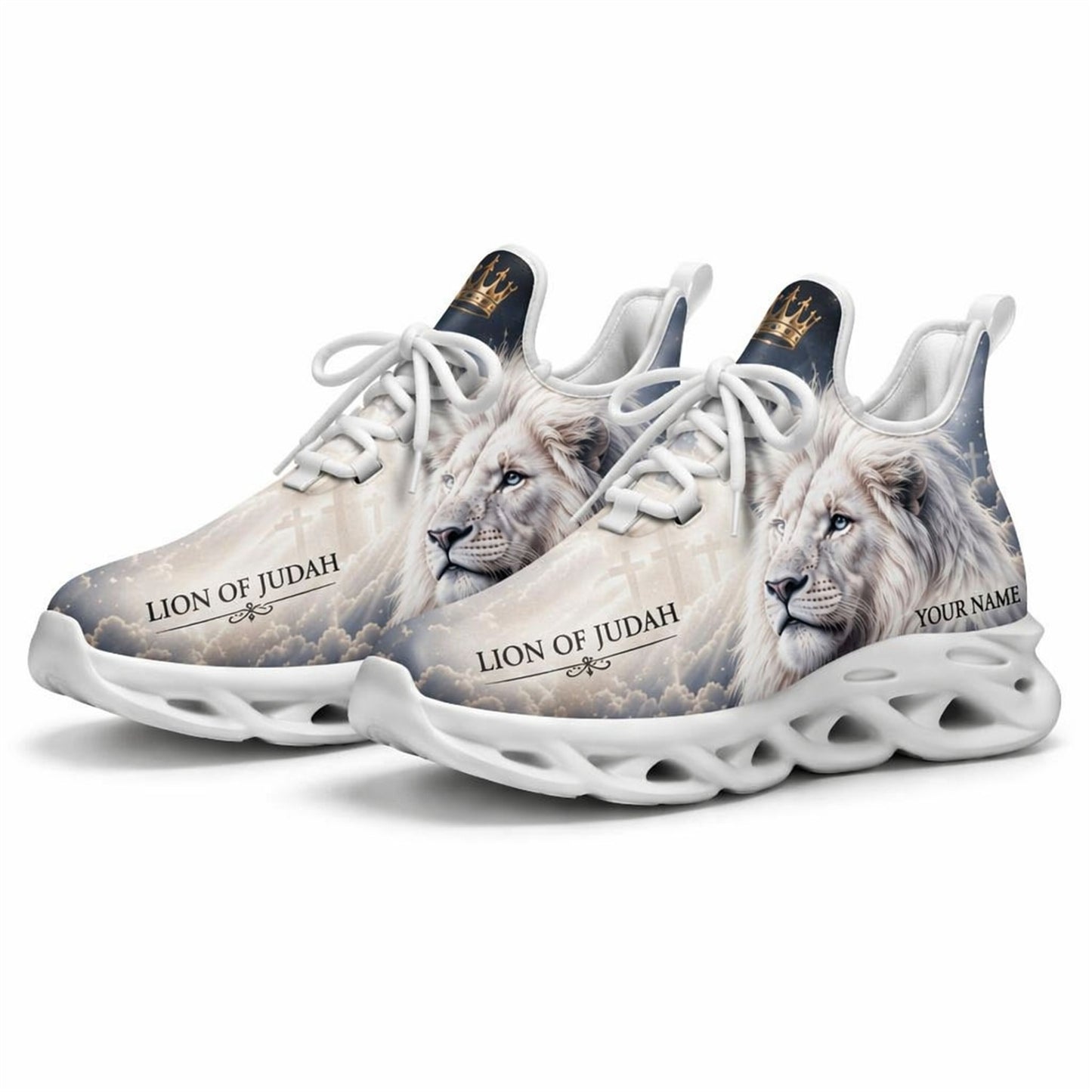 Studio 3/4 angle of the Jesus Christ white lion Judah sports sneakers with white soles, displaying the detailed cloud graphics and starry sky accents