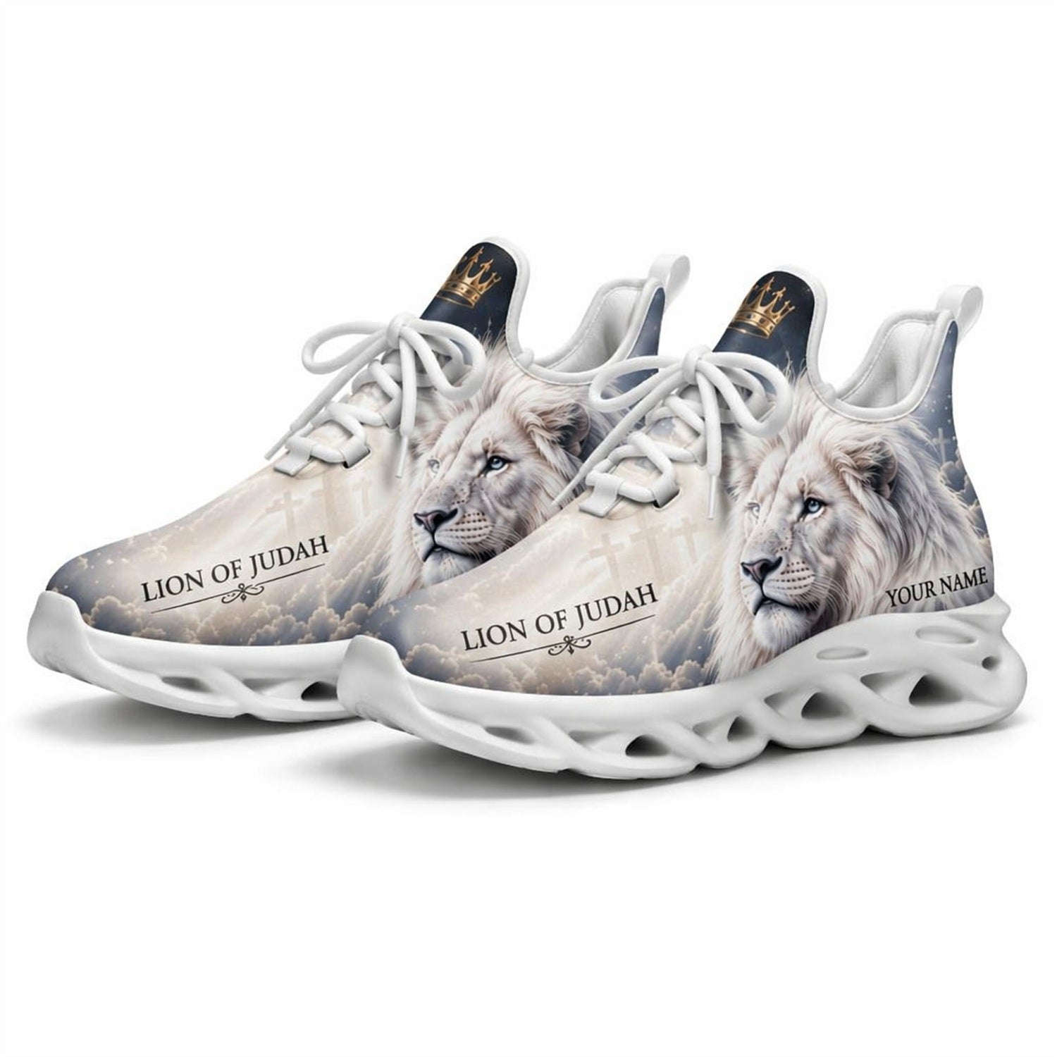 Studio 3/4 angle of the Jesus Christ white lion Judah sports sneakers with white soles, displaying the detailed cloud graphics and starry sky accents