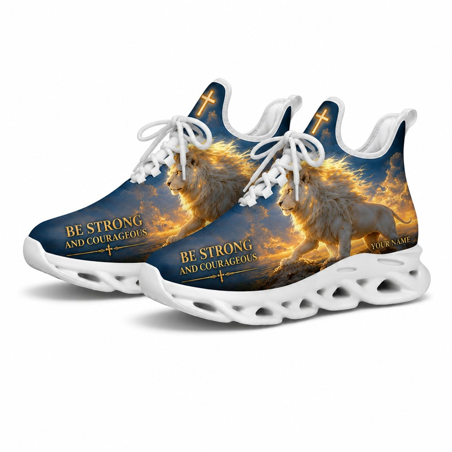 Studio 3/4 angle of the Jesus Christ white lion sports sneakers with white soles, displaying the detailed cloud patterns and breathable knit mesh