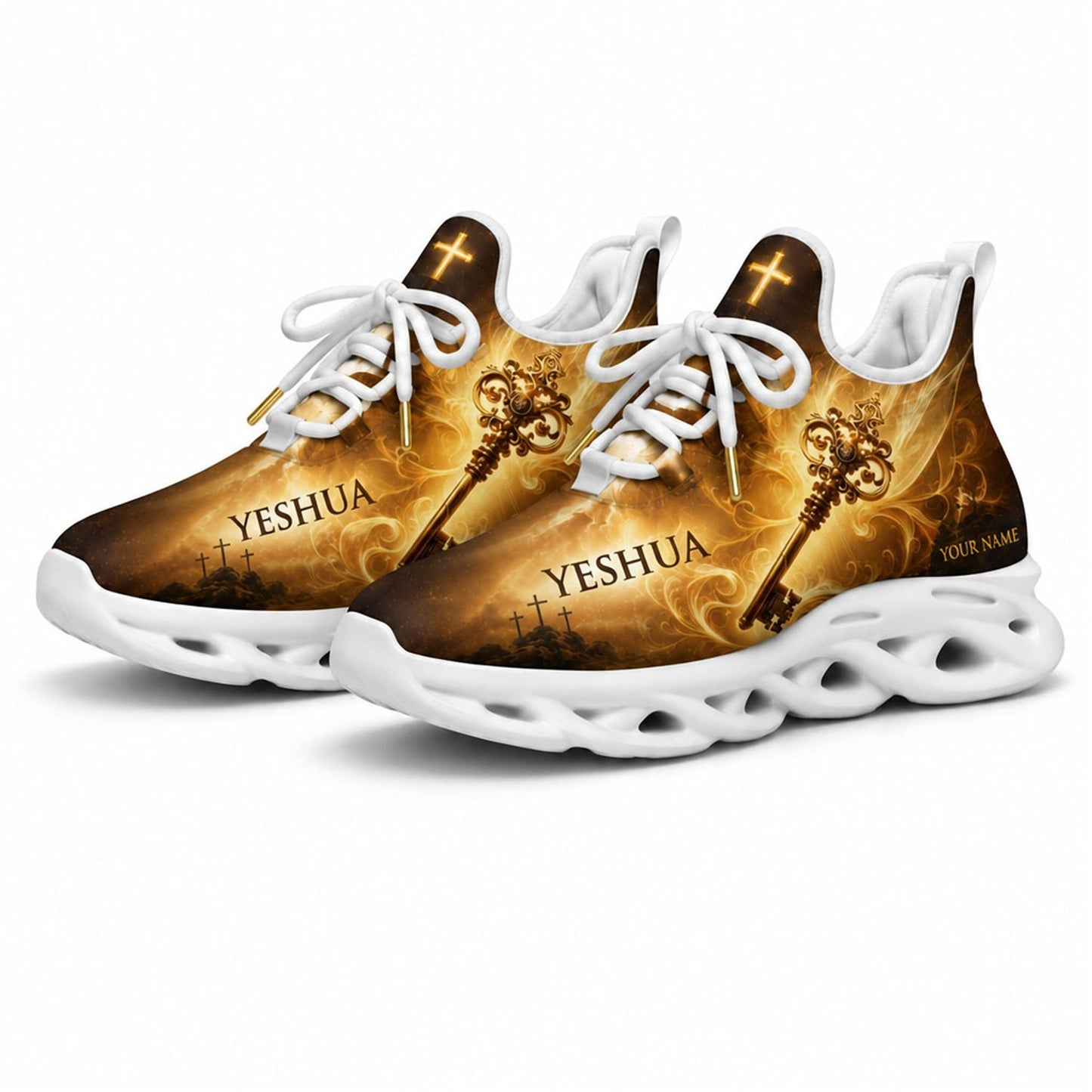 Studio 3/4 angle of Jesus Christ Yeshua golden key sports shoes with flexible white soles