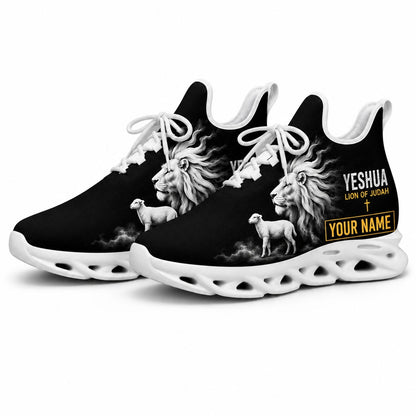 Studio 3/4 angle of the Jesus Christ Yeshua sports sneakers with white soles, showing off the breathable fly-knit mesh fabric structure
