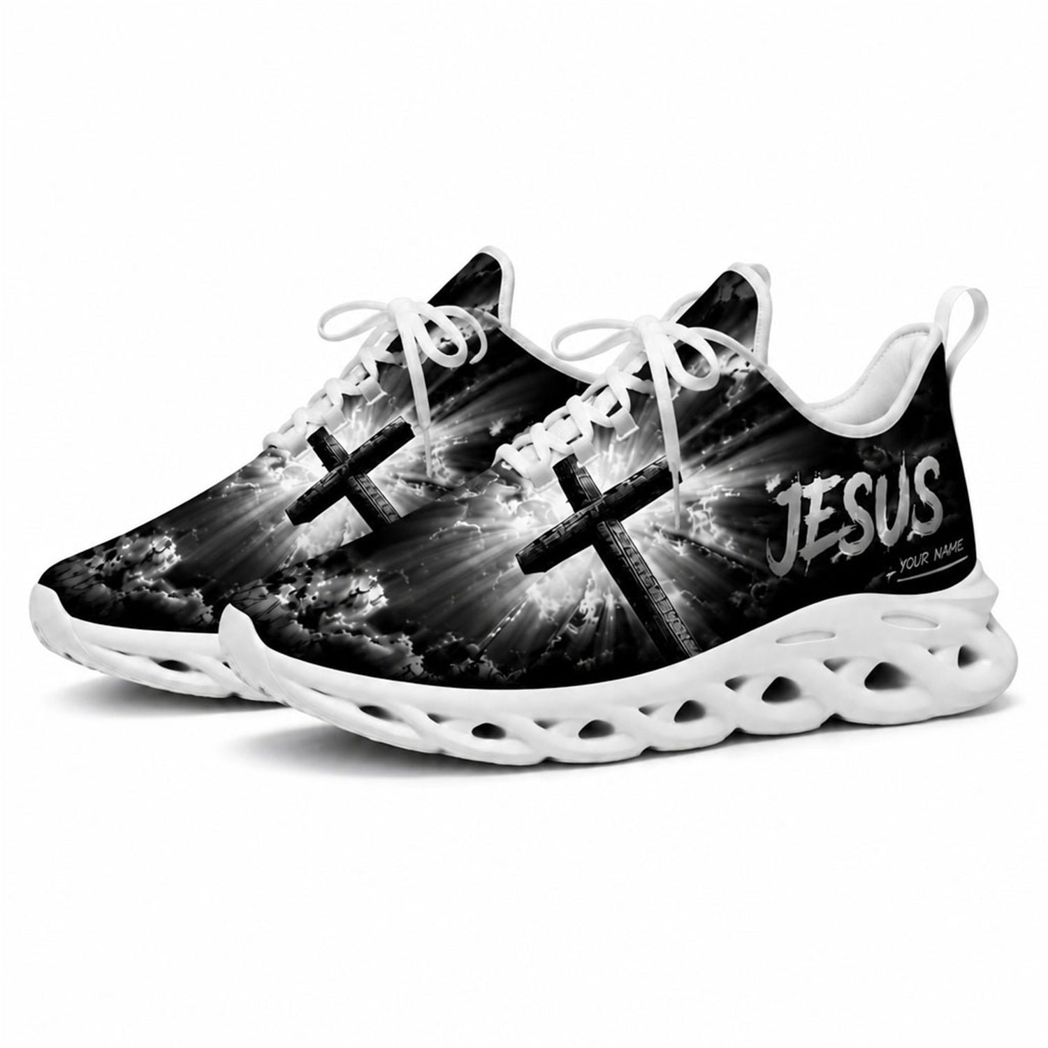 Studio 3/4 angle of gym sneakers featuring the Jesus cross design on white soles