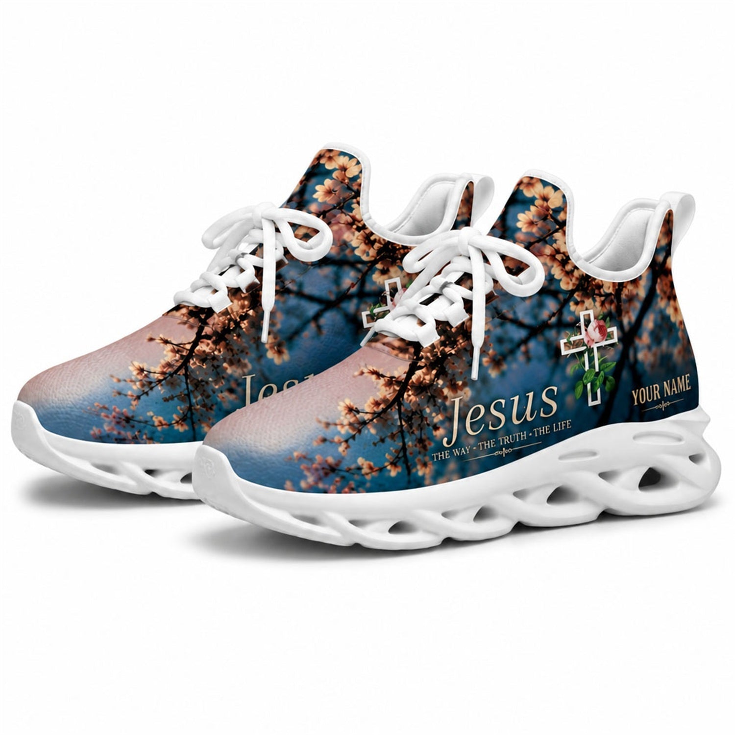 Studio 3/4 angle of gym sneakers featuring floral cross graphic on white soles