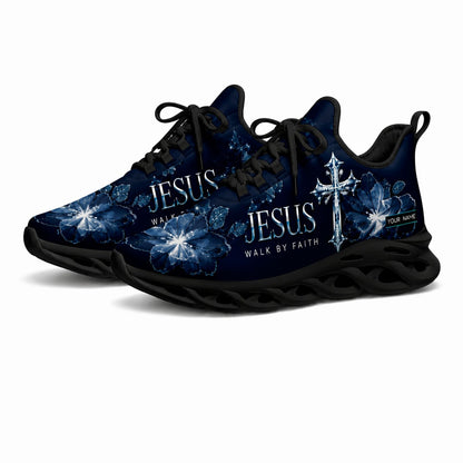 Angled studio shot of black-soled religious footwear featuring the floral faith design