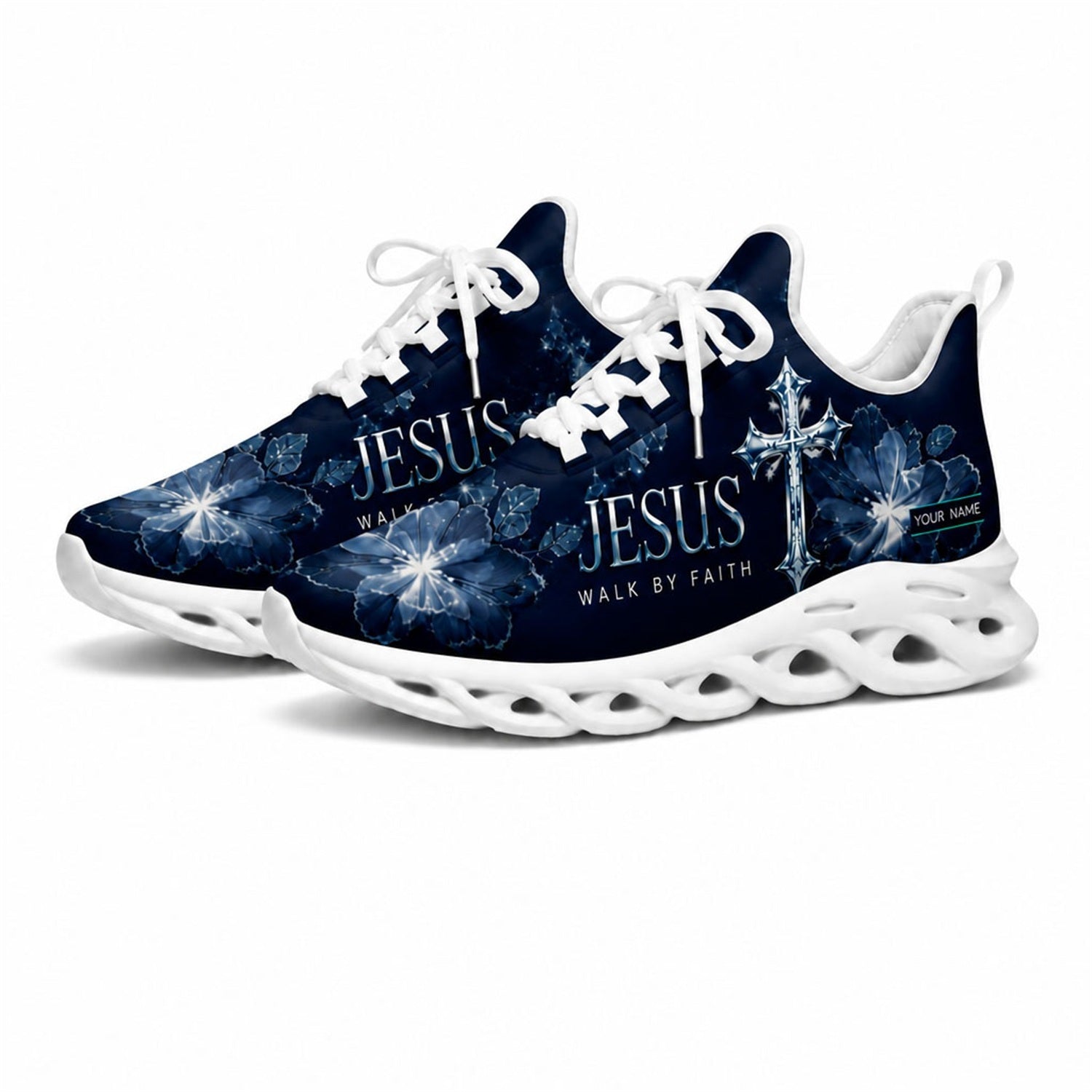 Studio 3/4 angle of gym sneakers featuring the Jesus Walk by Faith floral print on white soles