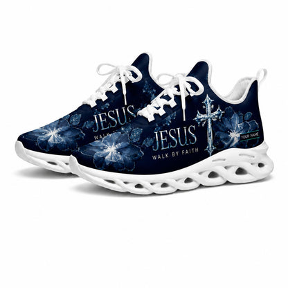 Studio 3/4 angle of gym sneakers featuring the Jesus Walk by Faith floral print on white soles