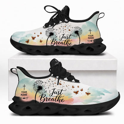 Side profile of Custom Name Just Breathe Psalm 46:10 Max Soul Shoes in black sole showing the personalizable name text field