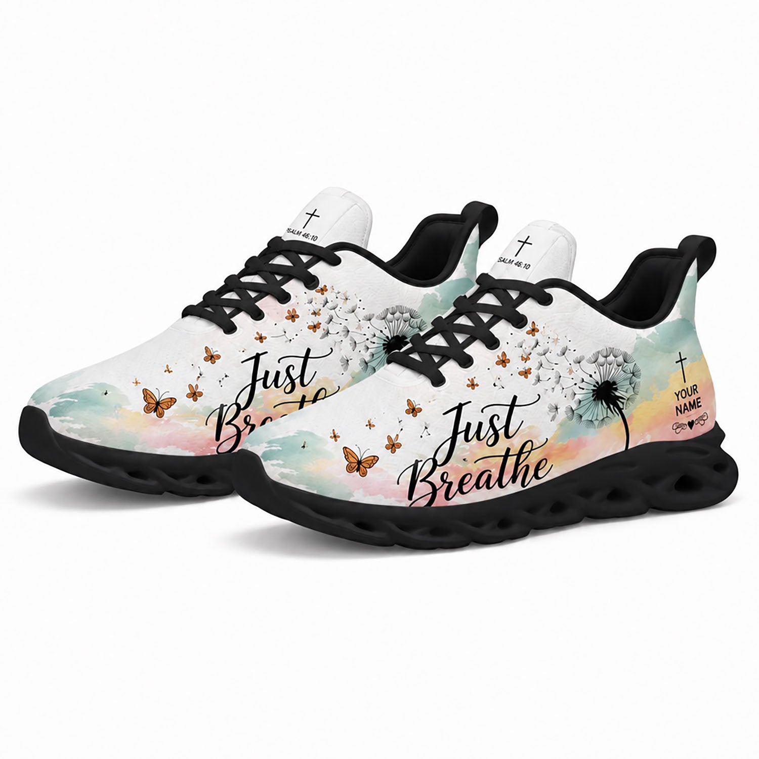 Pair of Christian pastel watercolor sneakers featuring an abstract sky print with dynamic black traction soles