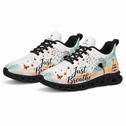 Pair of Christian pastel watercolor sneakers featuring an abstract sky print with dynamic black traction soles
