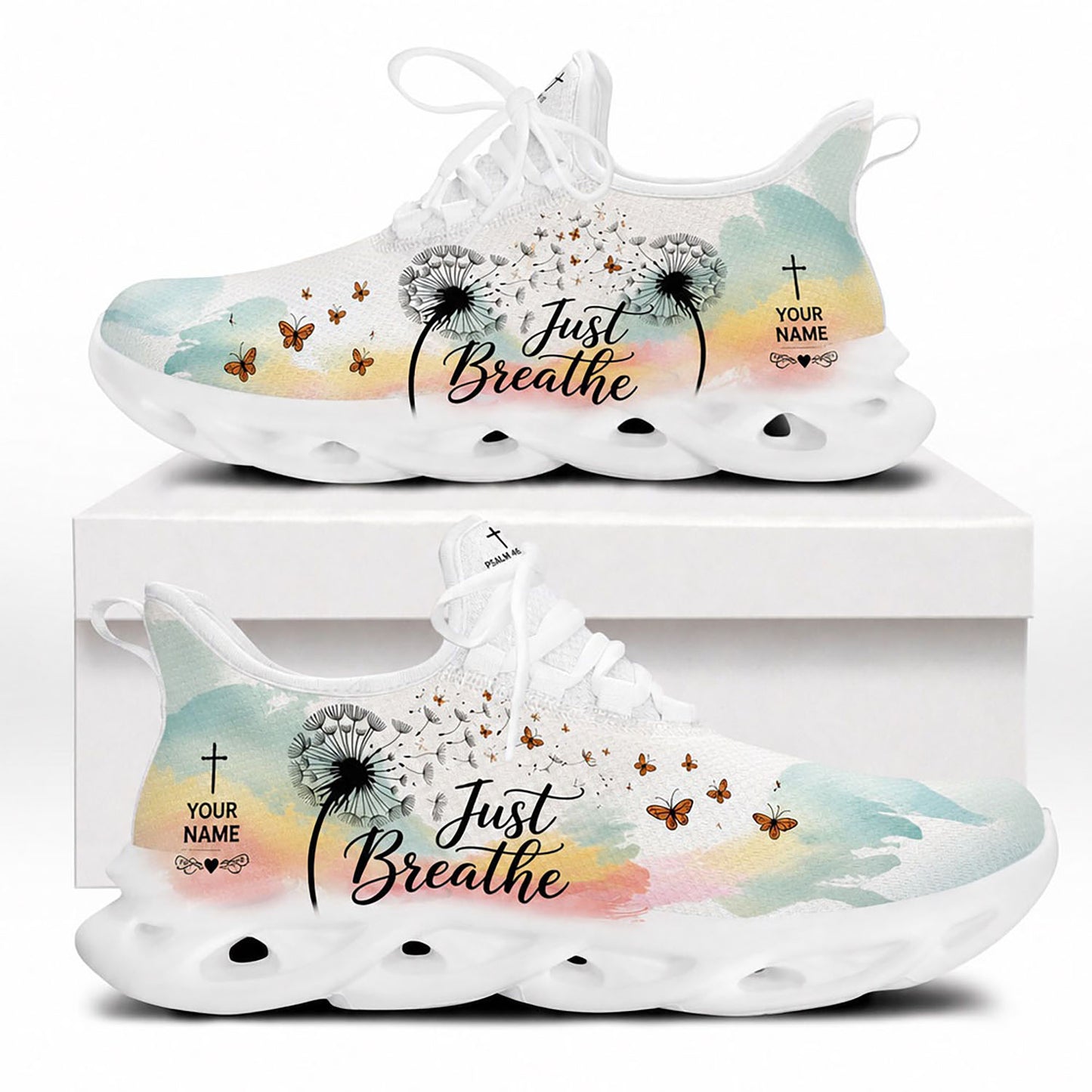 Side profile of Custom Name Just Breathe Psalm 46:10 Max Soul Shoes on white soles with dandelion blowing and orange butterflies