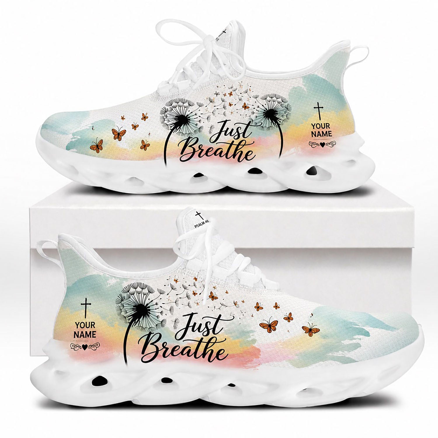 Side profile of Custom Name Just Breathe Psalm 46:10 Max Soul Shoes on white soles with dandelion blowing and orange butterflies