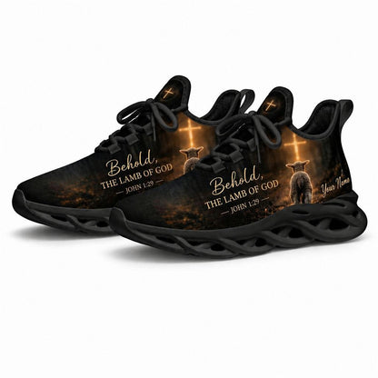 Angled studio shot of black-soled religious footwear featuring Lamb of God design