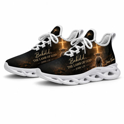Studio 3/4 angle of gym sneakers featuring Lamb of God and John 1:29 verse on white soles
