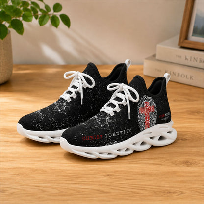 Lifestyle view of white-soled faith sneakers on a wooden surface, highlighting the unique fingerprint cross