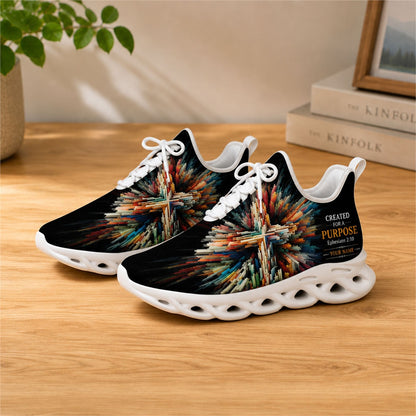 Lifestyle view of white-soled faith sneakers on a wooden surface, highlighting the inspirational message