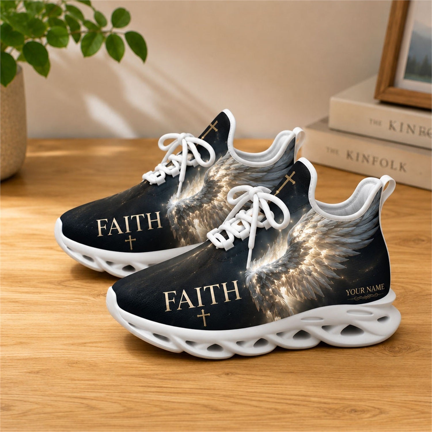 Lifestyle view of white-soled faith sneakers on wooden surface, highlighting glowing wings