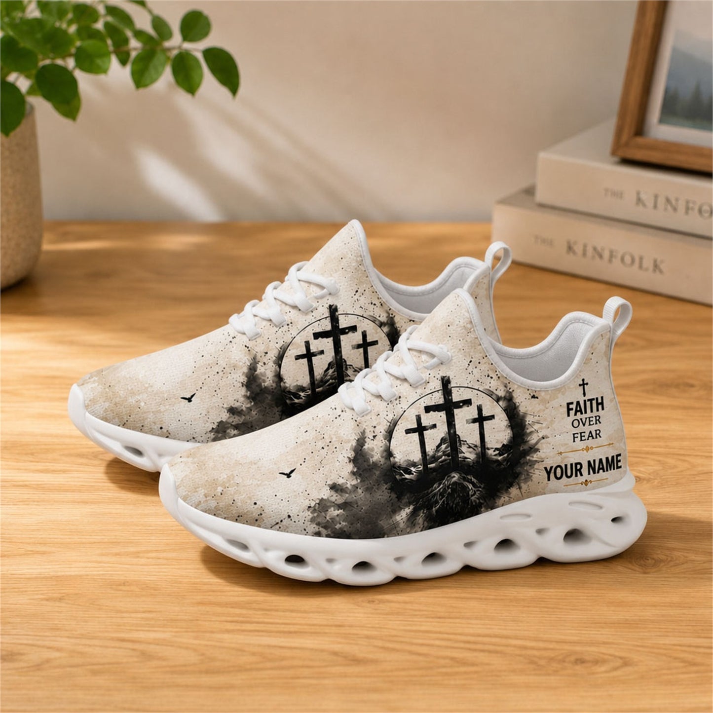 Lifestyle view of white-soled faith sneakers on a wooden surface, highlighting the spiritual message