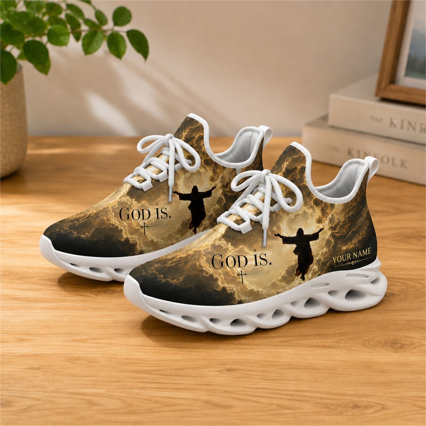 Lifestyle view of white-soled faith sneakers on wood, showcasing Jesus ascension graphic