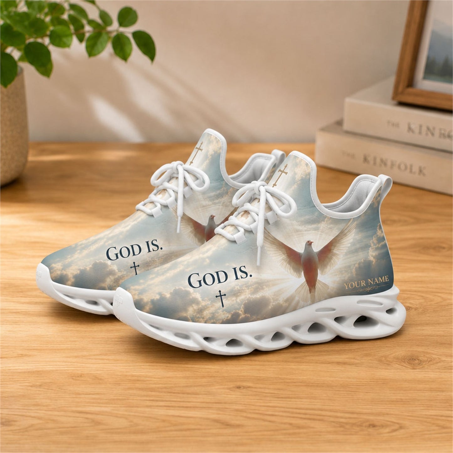 Lifestyle view of white-soled faith sneakers on wooden surface, highlighting the dove and sky art