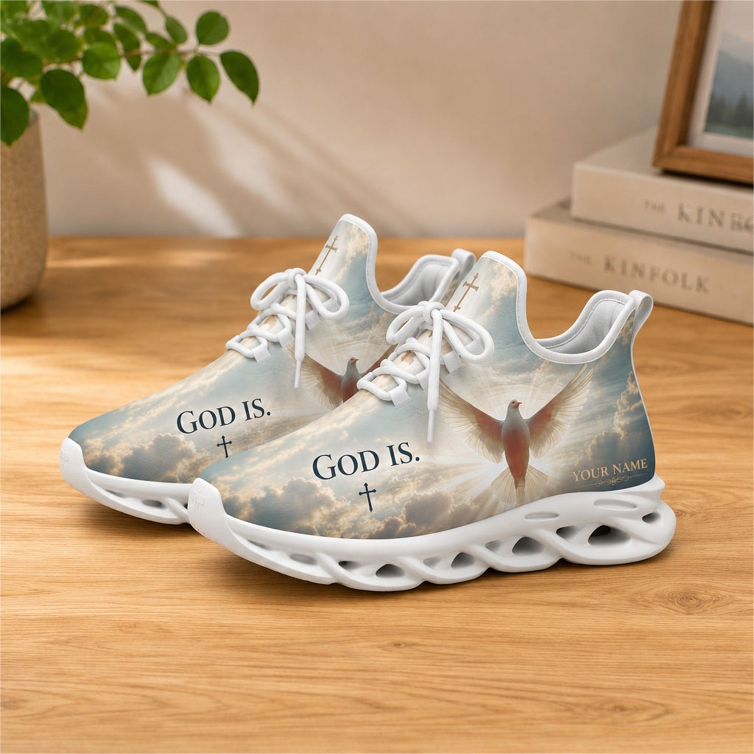 Lifestyle view of white-soled faith sneakers on wooden surface, highlighting the dove and sky art