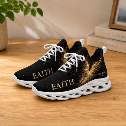 Lifestyle view of white-soled faith sneakers on a wooden surface, highlighting the golden wing art