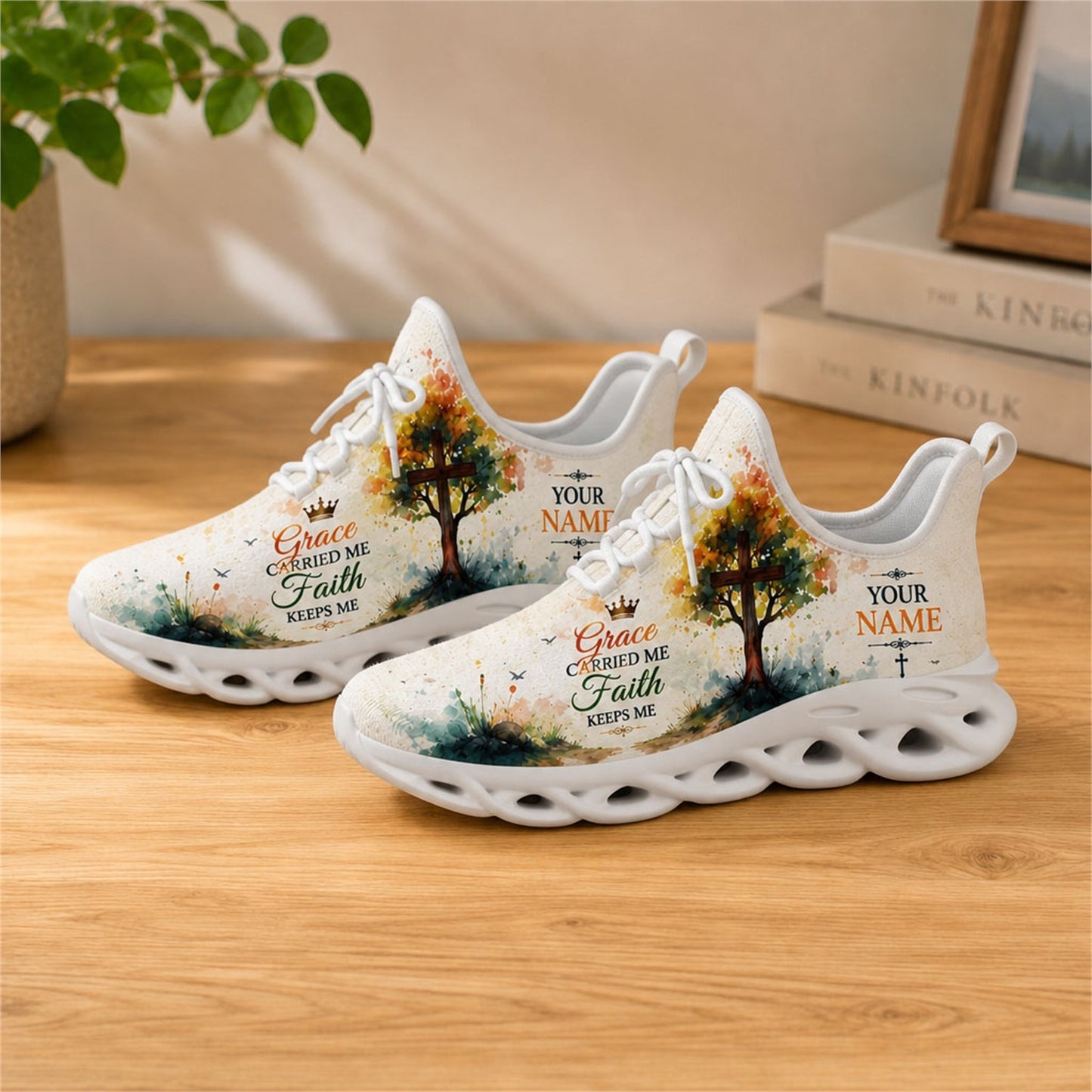 Lifestyle view of white-soled faith sneakers on a wooden surface, highlighting the spiritual message