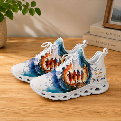 Lifestyle view of white-soled faith sneakers on a wooden surface, highlighting the inspirational message