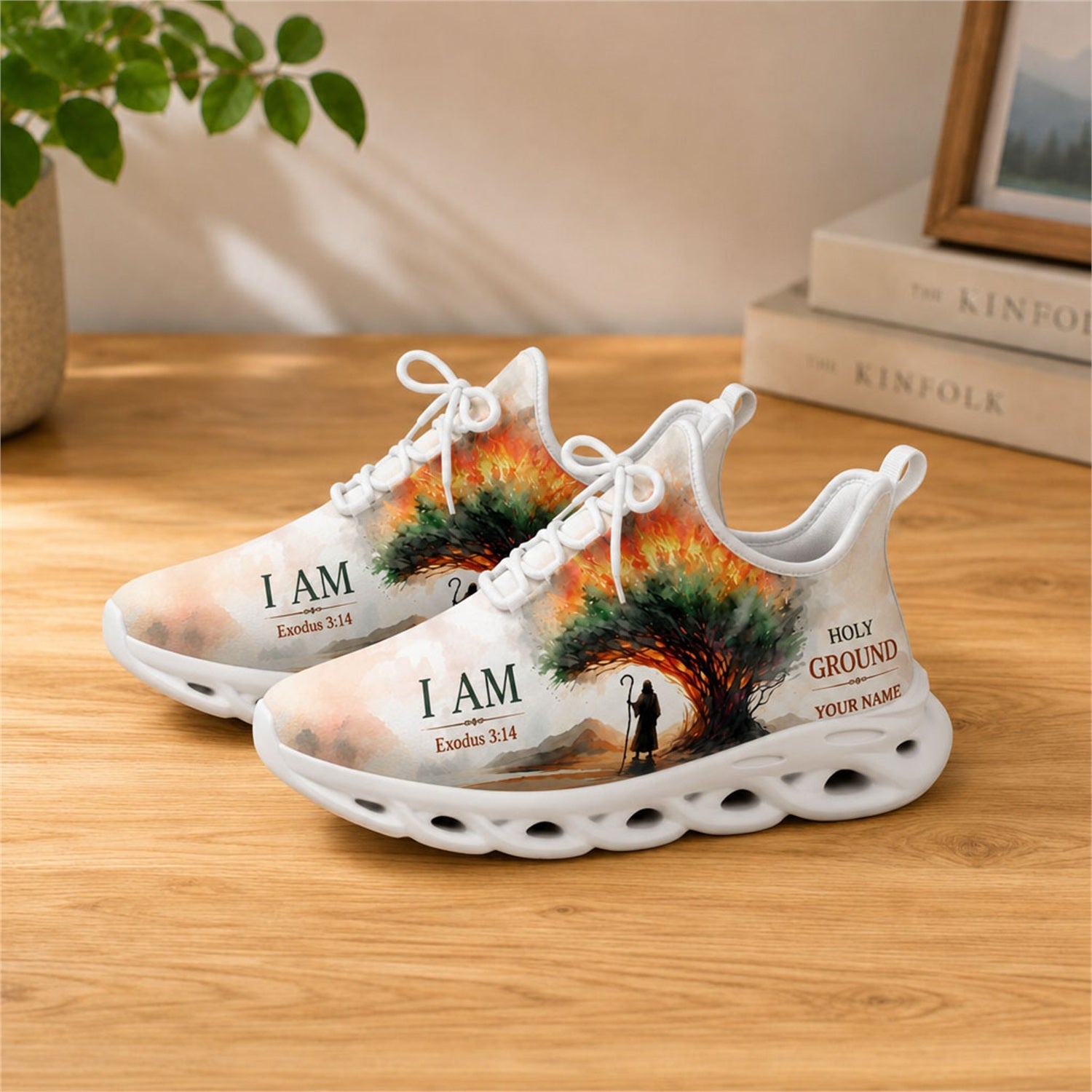 Lifestyle view of white-soled faith sneakers on a wooden surface, highlighting the Exodus 3:14 scripture
