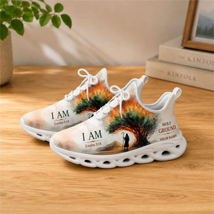 Lifestyle view of white-soled faith sneakers on a wooden surface, highlighting the Exodus 3:14 scripture