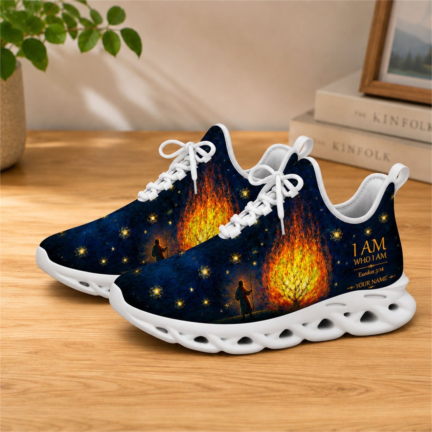 Lifestyle view of white-soled faith sneakers on a wooden surface, highlighting the I AM scripture