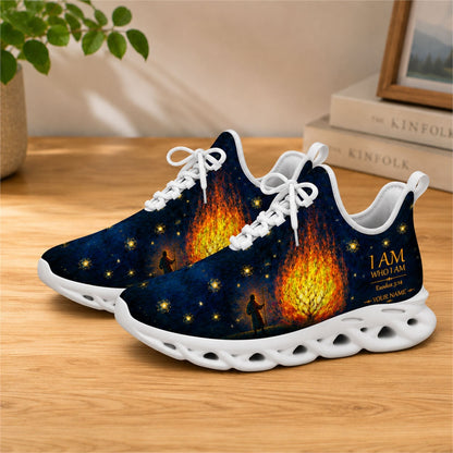 Lifestyle view of white-soled faith sneakers on a wooden surface, highlighting the I AM scripture