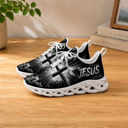 Lifestyle view of white-soled Jesus sneakers on a wooden surface, highlighting the spiritual motif